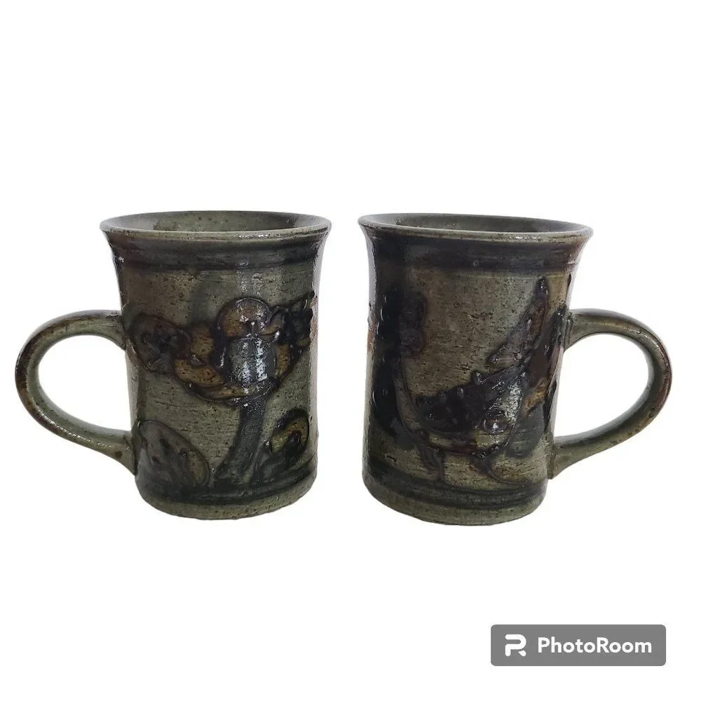 Vintage Handmade Brown Stoneware Glazed Pottery Coffee Mugs Tea Cups Eclectic